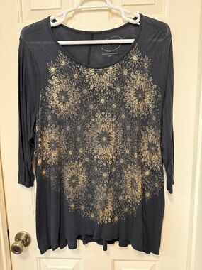 Lucky Brand Black Long Sleeve Tee with Gold Medallion Print